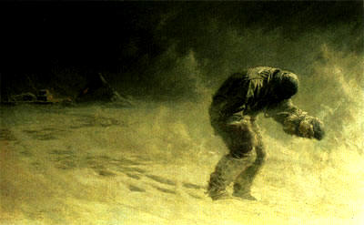 Oates avanzando entre la ventisca