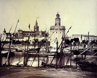 Fotografía de Charles Clifford. Vista del río, Torre del Oro y Catedral. Sevilla. 1862. Fuente foto: AA.VV.: La fotografía en España hasta 1900. Madrid. Ministerio  de cultura. 1982.