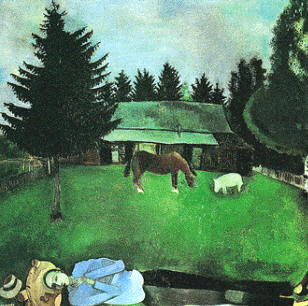 El poeta reclinado, de Marc Chagall (Tate Gallery de Londres). Su pintura, aunque de estilo expresionista, tiene influencias del surrealismo.