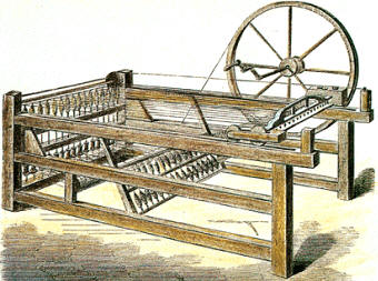 Hiladora de Hargreaves, de 1786, a la que pronto se le dotó de fuerza motriz mediante máquinas de vapor, y que una vez perfeccionada llegaba a hilar hasta 80 bobinas simultáneamente.