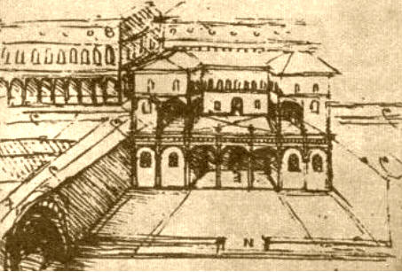 TAMBIÉN URBANISTA. Leonardo proyectó caminos "sobreelevados", como el que se aprecio a la izquierda del grabado.