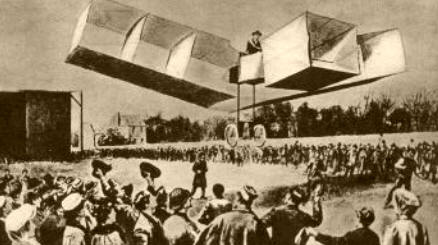 EL CAMPEÓN. En la escena, el avión de Santos Dumont, quien ganó la Copa Archedeacon. “The Bird of Prey” voló 25 metros