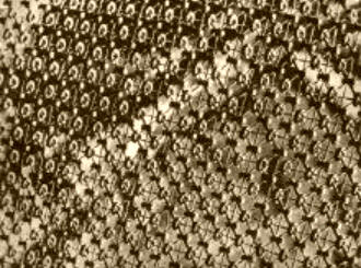 "LA MEMORIA'''. "memoria" de una máquina electrónica de calcular. Eran pequeños núcleos de ferrita colocados en un cable que los atravesaba. La retención de datos facilita la realización de operaciones con suma rapidez y exactitud en fracción de segundo.