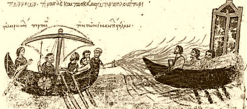 El «fuego griego» fue un arma naval usada por el Imperio bizantino. Algunos autores piensan que Calínico recibió el secreto de los químicos de Alejandría en el siglo VII.