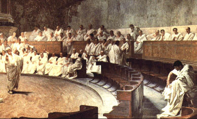 El latín culto se utilizaba en la oratoria, literatura y documentos oficiales, frente al latín vulgar o popular, que fue llevado por las legiones romanas a los territorios conquistados. La Conjuración de Catilina, de C. Maccari - Palacio Madama de Roma.