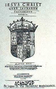 Portada del Nuevo Testamento traducido al vascuence por Leizarraga